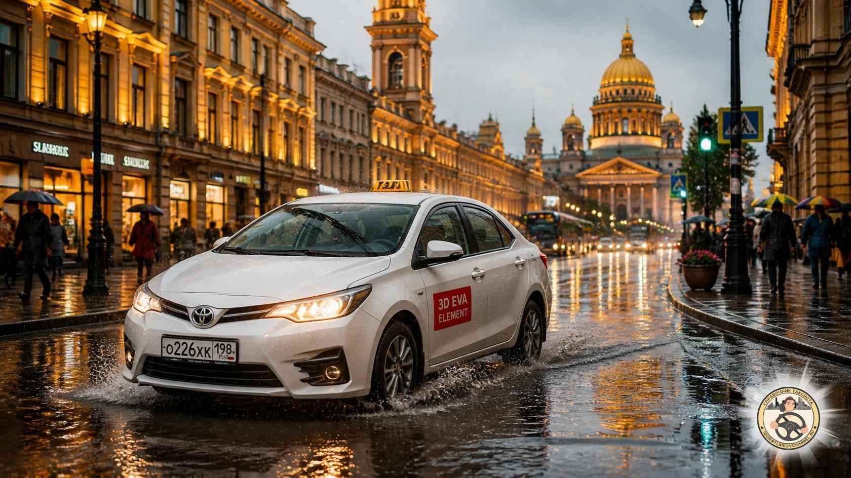 белый автомобиль такси Тойота Королла движется по Невскому проспекту Санкт Петербурга белый автомобиль такси Тойота Королла движется по Невскому проспекту Санкт Петербурга