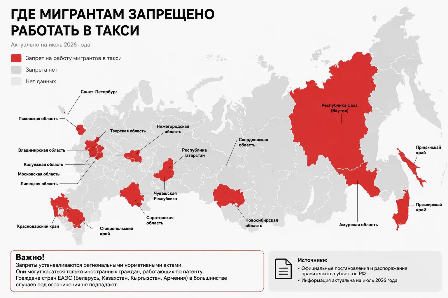 красным отмчены регионы, где мигрантам работать в такси запрещено